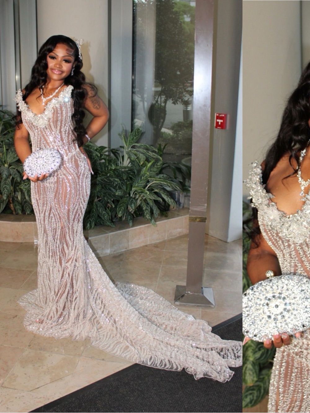 Elegant Beaded Illusion Gown - Silver